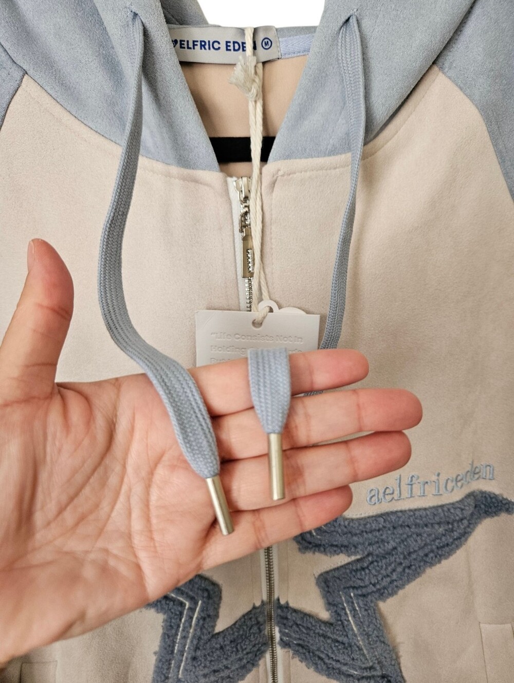 Aelfric Eden Star Patch Suede Colorblock Full Zip Hoodie Jacket Blue Cream M — image 5 of 8